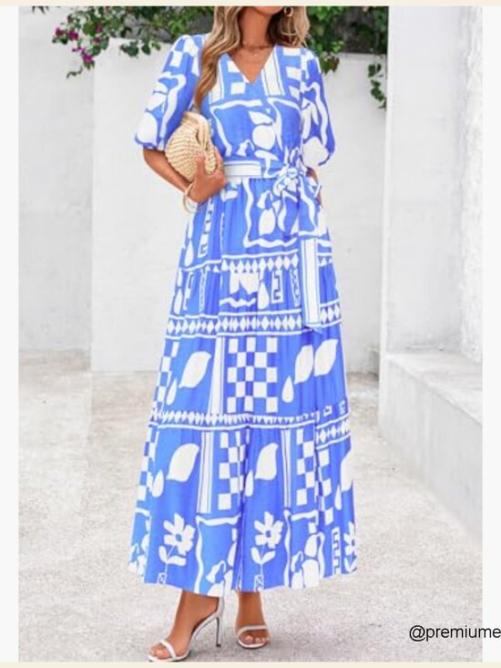 Summer Maxi Dress Boho Floral V Neck Puff Sleeve Ruffle Beach Resort - Picture 3 of 7